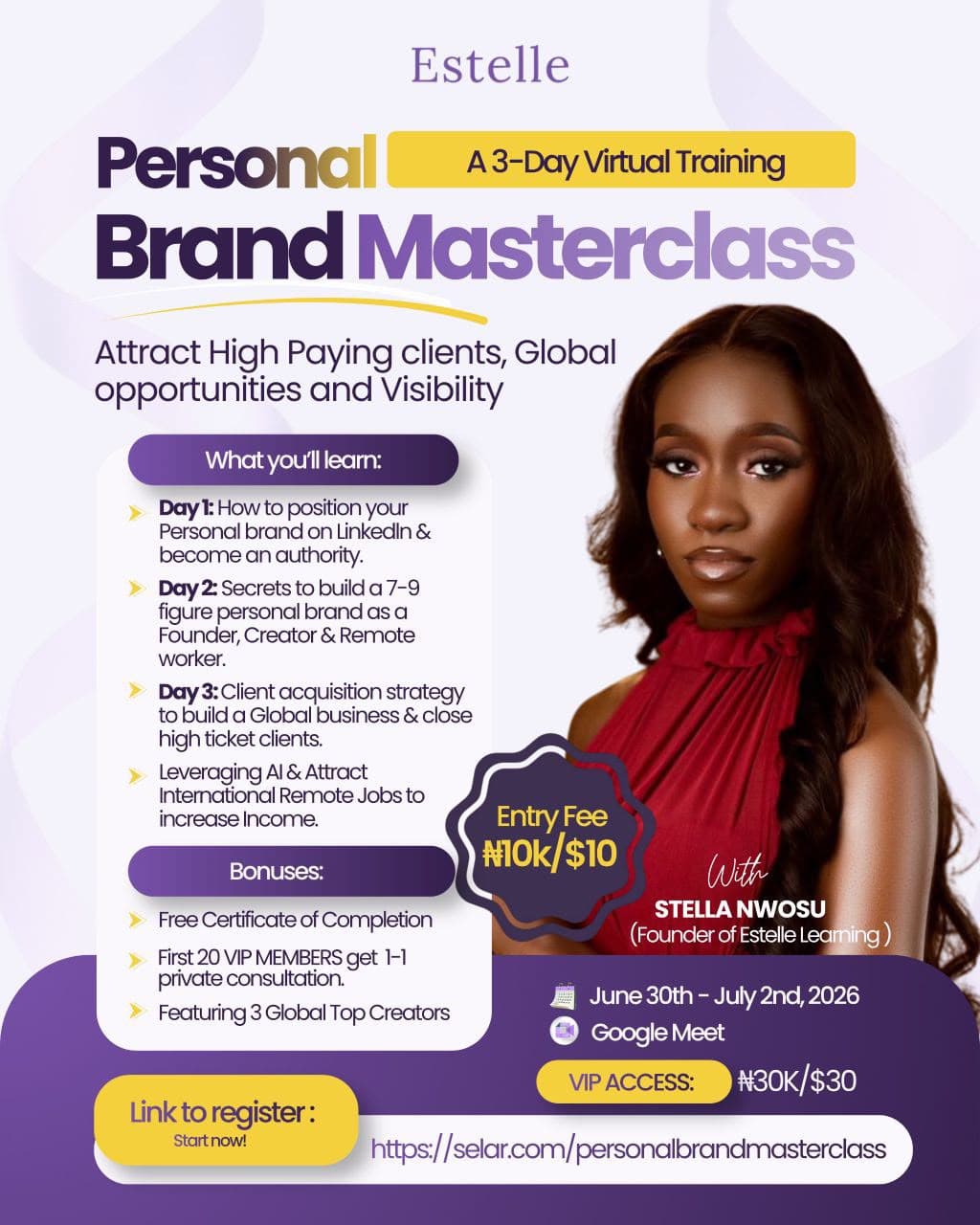 Personal Brand Masterclass — 3-day virtual training flier